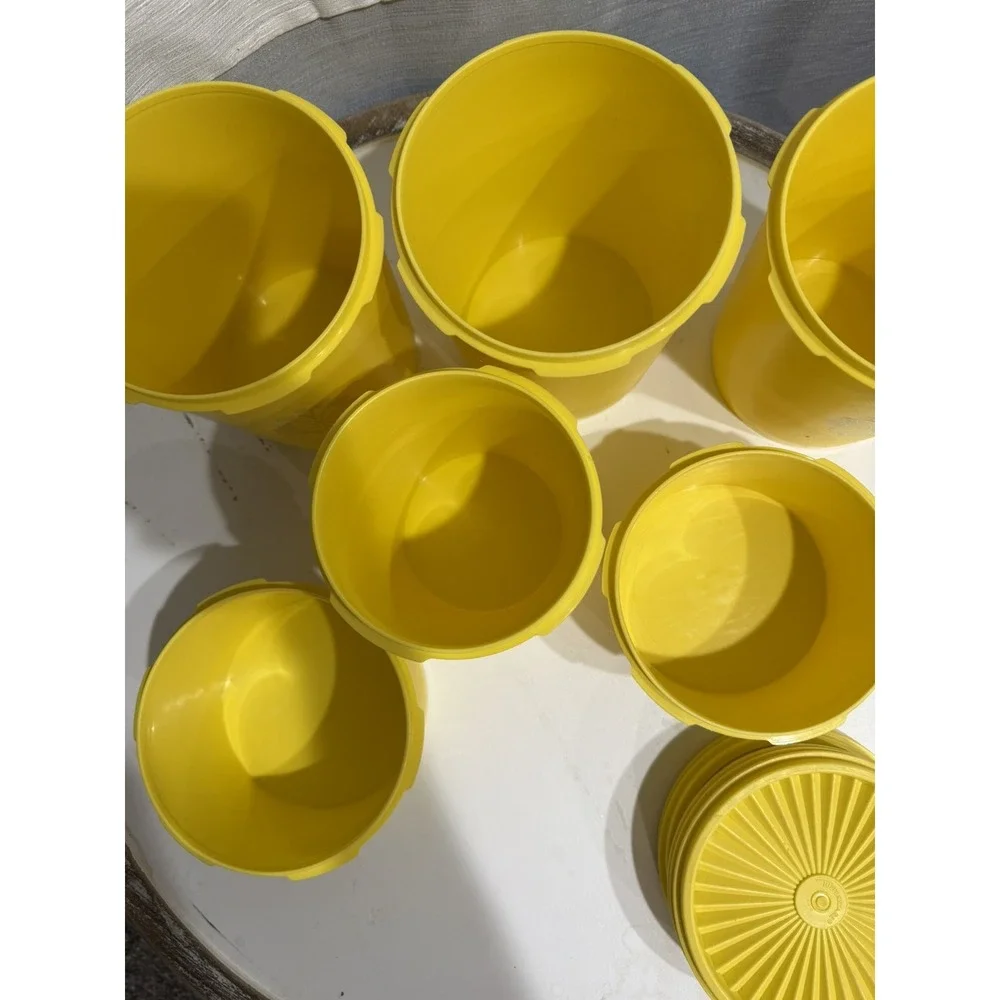 Vintage 1970s Yellow Tupperware Servalier Canisters Set of 6 with Lids Nesting